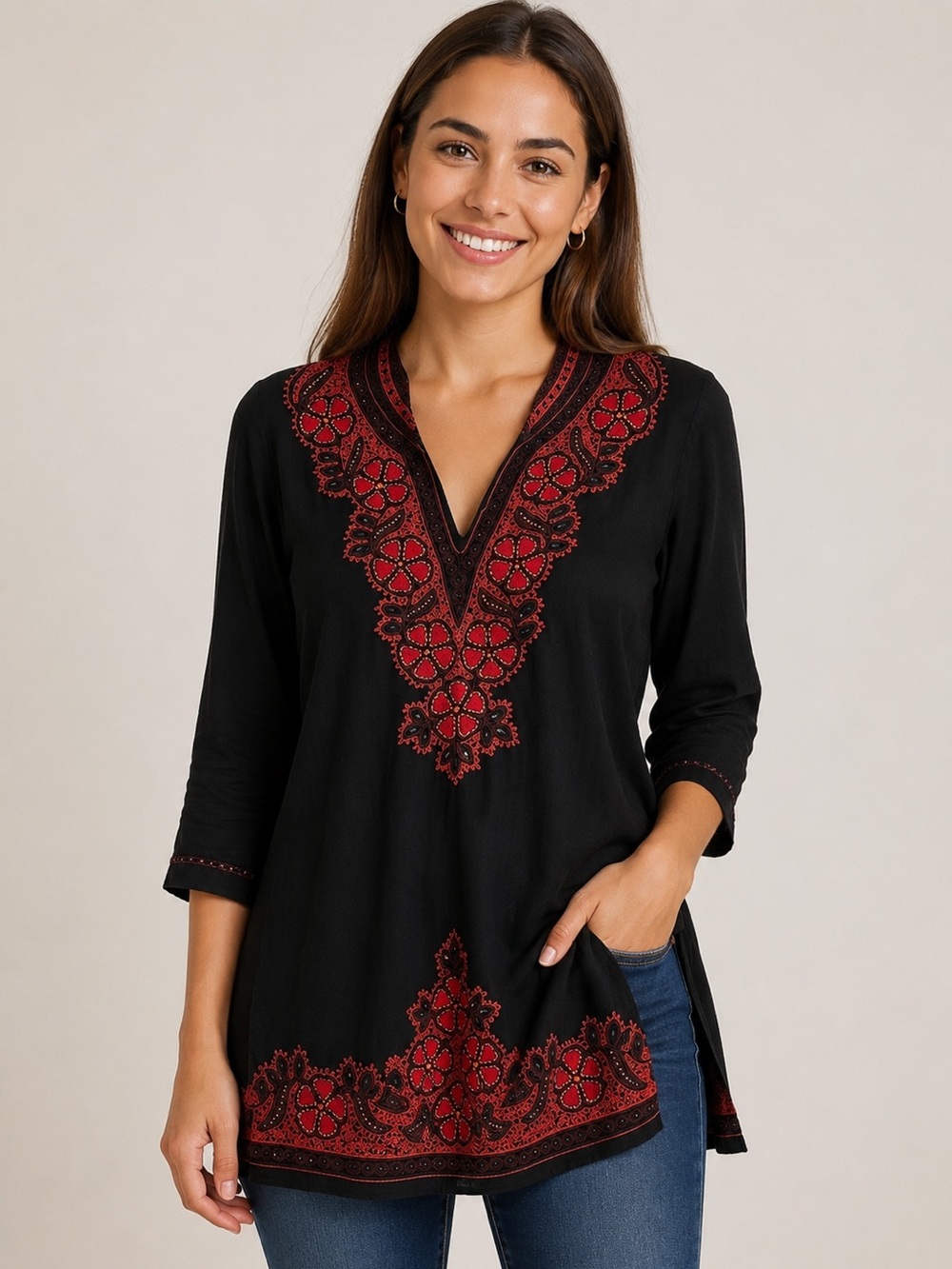 Boho Burnt Orange Embroidered Beaded Tunic Top Small Black